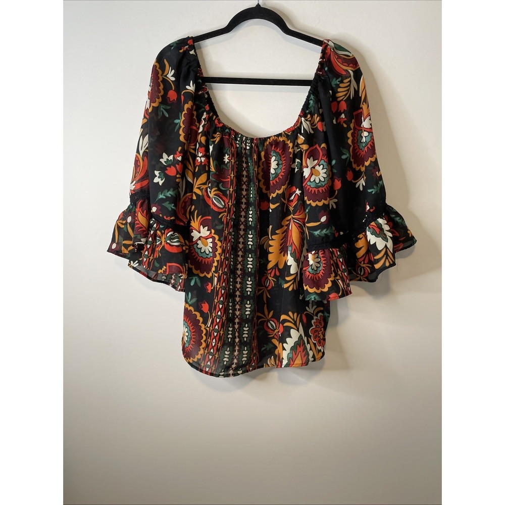 Moon Orchid Women's 18/20‎ Black Multicolor Floral Boho Bell Sleeve Blouse
